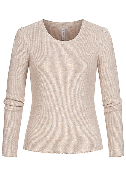 Hailys Damen Ribbed Frill Longsleeve beige melange