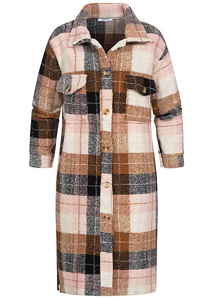 Hailys Damen Oversized Woll Mantel Knopfleiste Brusttasche Karo Muster rosa braun beige