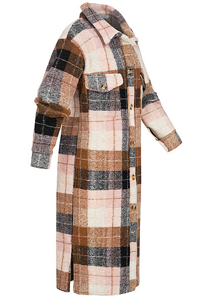 Hailys Damen Oversized Woll Mantel Knopfleiste Brusttasche Karo Muster rosa braun beige
