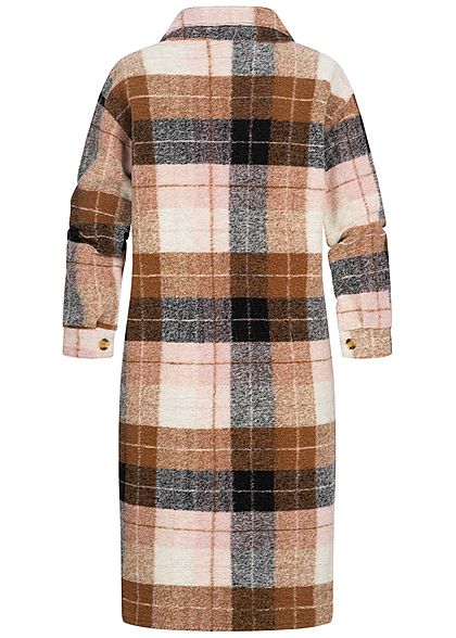 Hailys Damen Oversized Woll Mantel Knopfleiste Brusttasche Karo Muster rosa braun beige