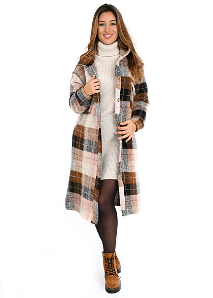 Hailys Damen Oversized Woll Mantel Knopfleiste Brusttasche Karo Muster rosa braun beige