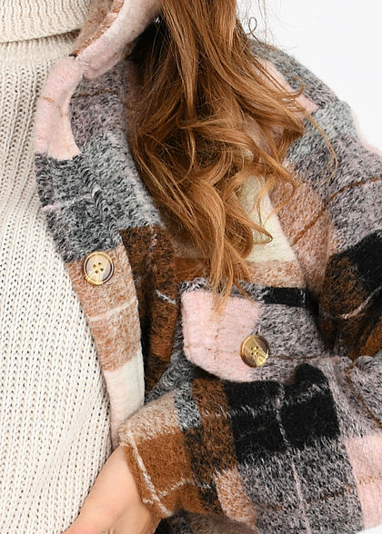 Hailys Damen Oversized Woll Mantel Knopfleiste Brusttasche Karo Muster rosa braun beige