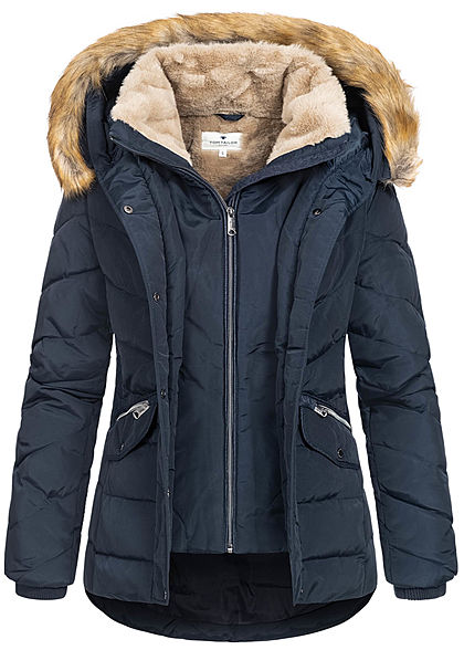 Tom Tailor Damen Winter Steppjacke Kunstfellkapuze 2-Pockets sky captain blau