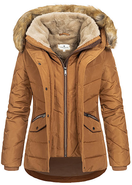 Tom Tailor Damen Winter Steppjacke Kunstfellkapuze 2-Pockets chestnut braun