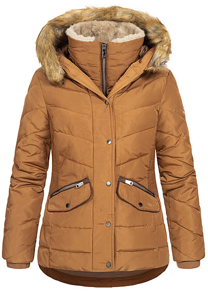 Tom Tailor Damen Winter Steppjacke Kunstfellkapuze 2-Pockets chestnut braun