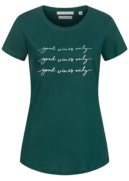 Tom Tailor Damen T-Shirt mit Stickerei Good Wines Only deep lake dunkel grün