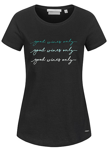 Tom Tailor Damen T-Shirt mit Stickerei Good Wines Only tief schwarz