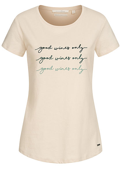Tom Tailor Damen T-Shirt mit Stickerei Good Wines Only soft beige