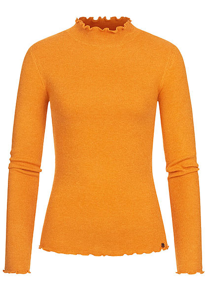 Tom Tailor Damen High-Neck Longsleeve mit Frill Details am Saum orange gelb