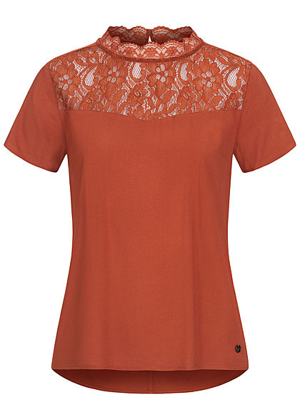 Tom Tailor Damen High-Neck Kurzarm Blusenshirt mit Spitze oben rost braun