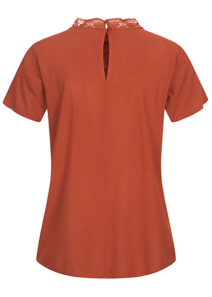 Tom Tailor Damen High-Neck Kurzarm Blusenshirt mit Spitze oben rost braun