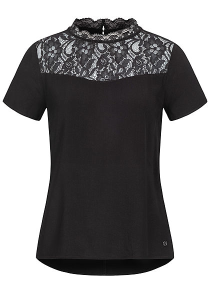 Tom Tailor Damen High-Nec Kurzarm Blusenshirt mit Spitze oben tief schwarz