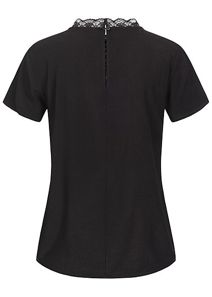Tom Tailor Damen High-Nec Kurzarm Blusenshirt mit Spitze oben tief schwarz