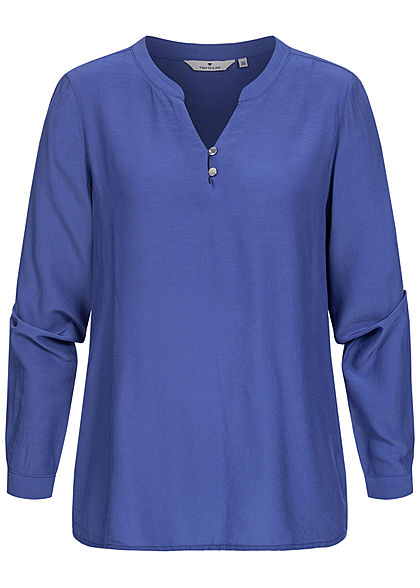 Tom Tailor Damen Basic V-Neck Langarm Bluse Vokuhila Knopf Manschetten ultramarine blau - Art.-Nr.: 20110261