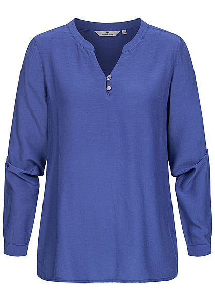 Tom Tailor Damen Basic V-Neck Langarm Bluse Vokuhila Knopf Manschetten ultramarine blau
