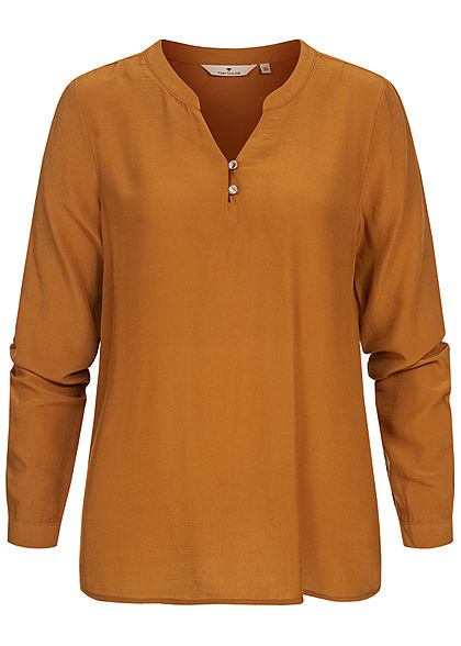 Tom Tailor Damen Basic V-Neck Langarm Bluse Vokuhila Knopf Manschetten tawny braun