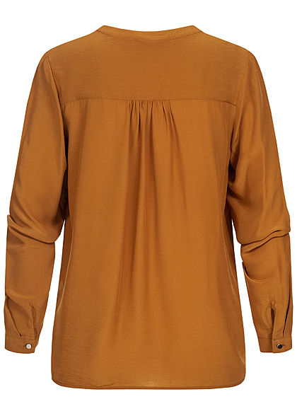 Tom Tailor Damen Basic V-Neck Langarm Bluse Vokuhila Knopf Manschetten tawny braun