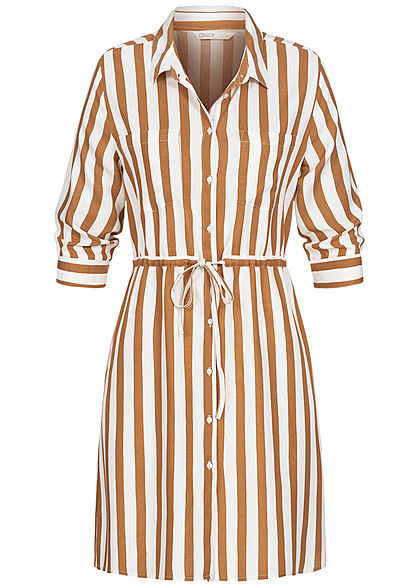 ONLY Damen NOOS 3/4 Arm Blusen Kleid Streifen Muster Taillenzug cloud weiss beige