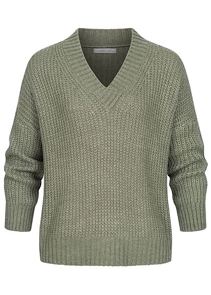Hailys Damen Oversized V-Neck Strickpullover Sweater khaki grün