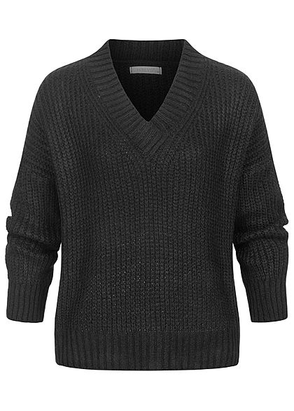 Hailys Damen Oversized V-Neck Strickpullover Sweater schwarz