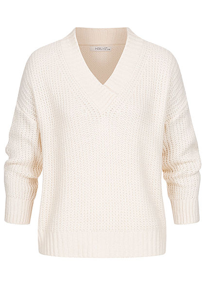 Hailys Damen Oversized V-Neck Strickpullover Sweater cream beige
