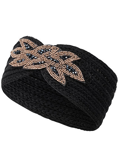 Hailys Damen Strick Stirnband Haarband Schmuckapplikation vorne schwarz