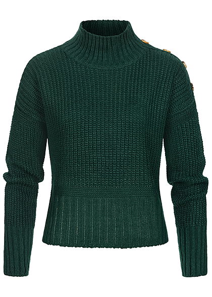 Hailys Damen High-Neck Fledermausarm Strickpullover Deko Knopfleiste dunkel grün