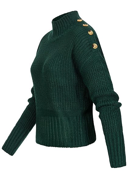 Hailys Damen High-Neck Fledermausarm Strickpullover Deko Knopfleiste dunkel grün