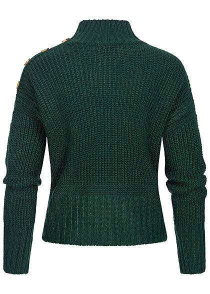 Hailys Damen High-Neck Fledermausarm Strickpullover Deko Knopfleiste dunkel grün