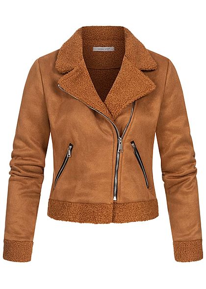 Hailys Damen kurze Teddyfleece Jacke mit Deko Zippertaschen in Velouroptik caramel braun