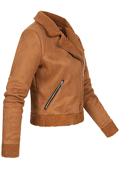 Hailys Damen kurze Teddyfleece Jacke mit Deko Zippertaschen in Velouroptik caramel braun