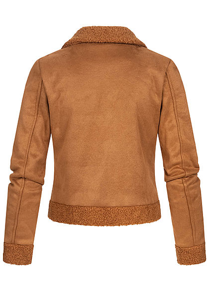 Hailys Damen kurze Teddyfleece Jacke mit Deko Zippertaschen in Velouroptik caramel braun