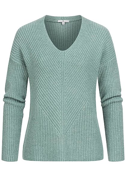Tom Tailor Damen V-Neck Struktur Strickpullover Sweater salvia grün melange