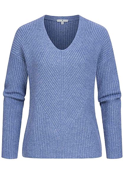 Tom Tailor Damen V-Neck Struktur Strickpullover Sweater blueberry blau melange