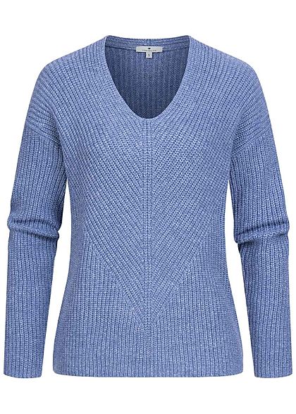 Tom Tailor Damen V-Neck Struktur Strickpullover Sweater blueberry blau melange