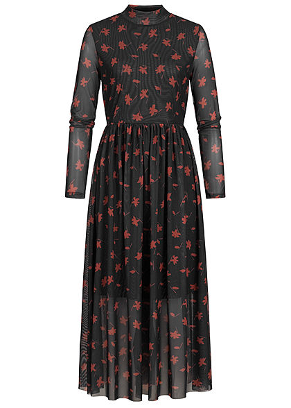 Tom Tailor Damen High-Neck Longform Mesh Kleid 2-lagig Blumen Muster schwarz rot - Art.-Nr.: 20110328
