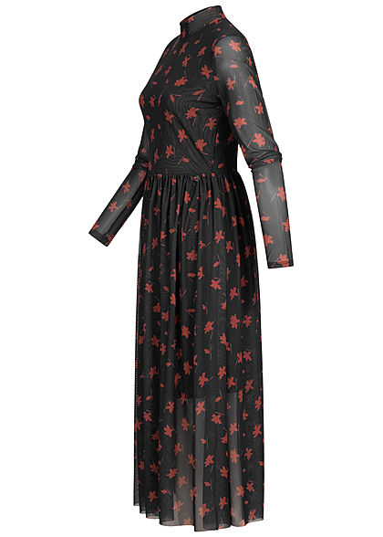 Tom Tailor Damen High-Neck Longform Mesh Kleid 2-lagig Blumen Muster schwarz rot