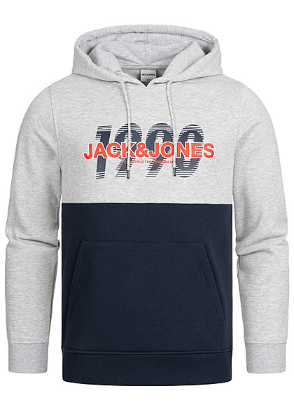 Jack and Jones Herren Sweat Hoodie Kapuze Kängurutasche Logo Print hell grau melange