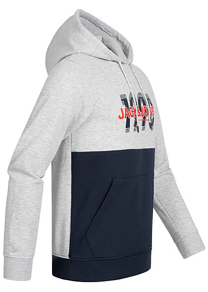Jack and Jones Herren Sweat Hoodie Kapuze Kängurutasche Logo Print hell grau melange