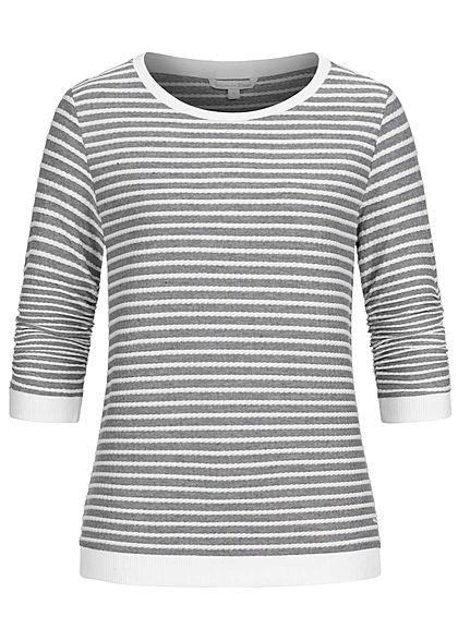 Tom Tailor Damen leichter 3/4 Arm Pullover Sweater mit Strukturstreifen blau weiss