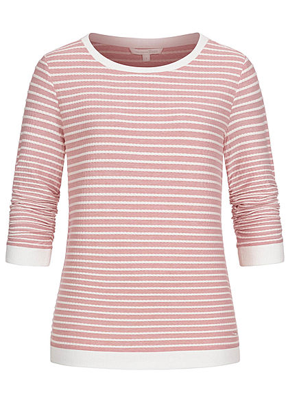 Tom Tailor Damen leichter 3/4 Arm Pullover Sweater mit Strukturstreifen rosa weiss