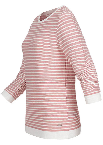 Tom Tailor Damen leichter 3/4 Arm Pullover Sweater mit Strukturstreifen rosa weiss