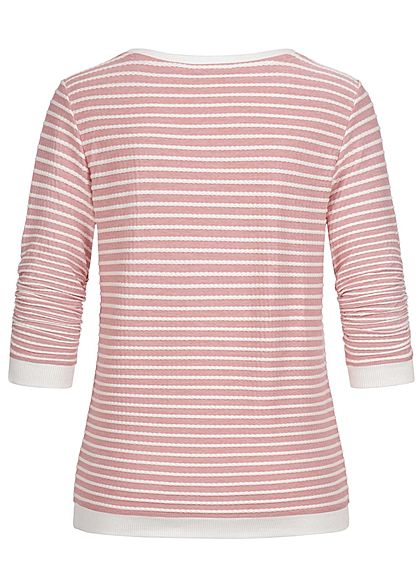 Tom Tailor Damen leichter 3/4 Arm Pullover Sweater mit Strukturstreifen rosa weiss