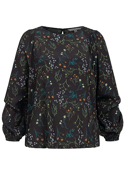 Tom Tailor Damen Langarm Krepp Bluse mit Pufferärmeln Floraler Print schwarz multi