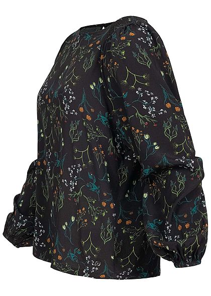 Tom Tailor Damen Langarm Krepp Bluse mit Pufferärmeln Floraler Print schwarz multi