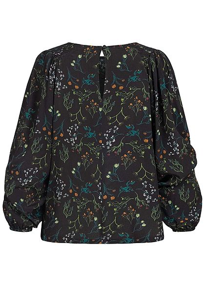 Tom Tailor Damen Langarm Krepp Bluse mit Pufferärmeln Floraler Print schwarz multi