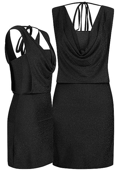 Fresh Lemons Damen Wasserfall Glitzer Mini Kleid 2-lagig schwarz silber