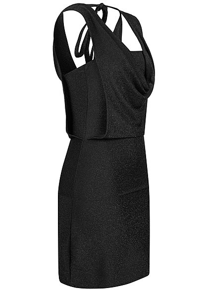 Fresh Lemons Damen Wasserfall Glitzer Mini Kleid 2-lagig schwarz silber