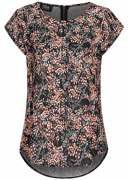 Fresh Lemons Dames korte Mouwen Structuur Blouse Boom Tree Print zwart roze