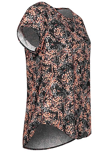 Fresh Lemons Dames korte Mouwen Structuur Blouse Boom Tree Print zwart roze